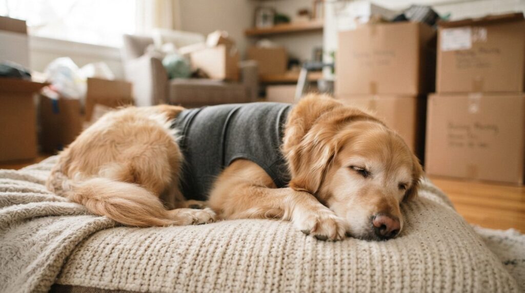 Close-up stock photo of a relaxed dog wearing a calming anxi