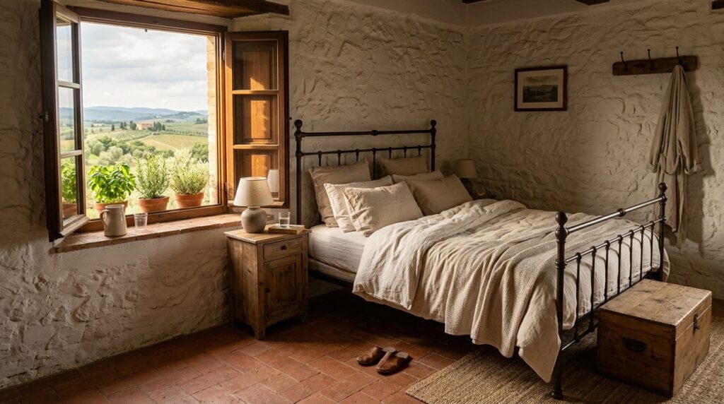 Close-up photorealistic image of a cozy agriturismo bedroom 