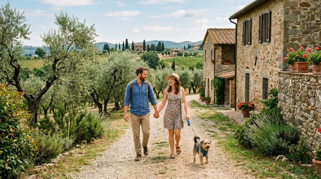 Photorealistic candid scene of a couple and their small dog 