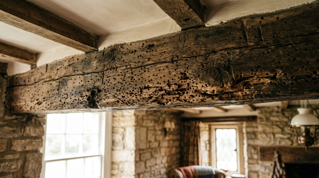 Interior photograph of a historic wooden ceiling beam in an 
