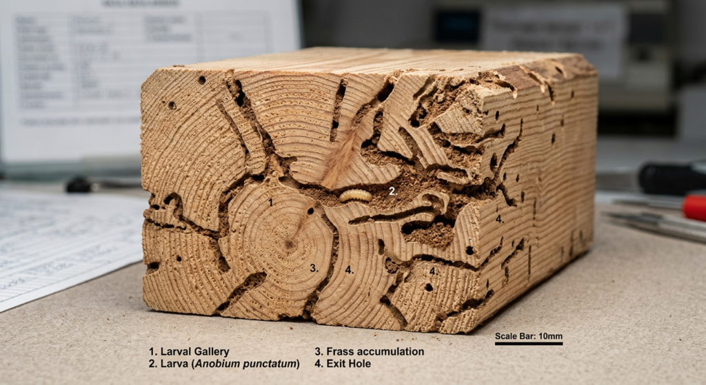 Detailed cross-section view of wooden house timber showing i