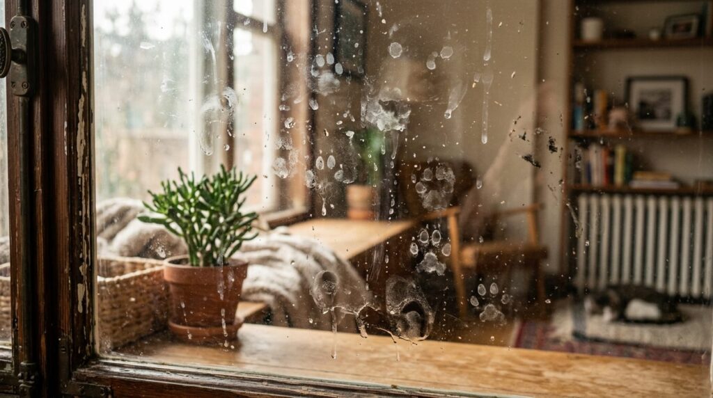 Close-up photorealistic shot of a window pane covered with p