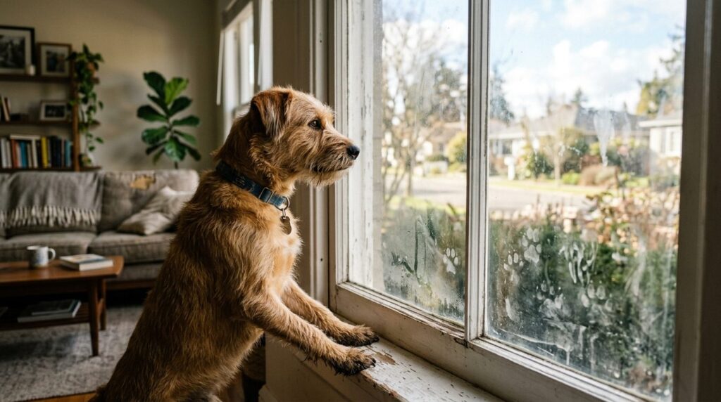 Wide photorealistic view of a home interior showing a dog lo
