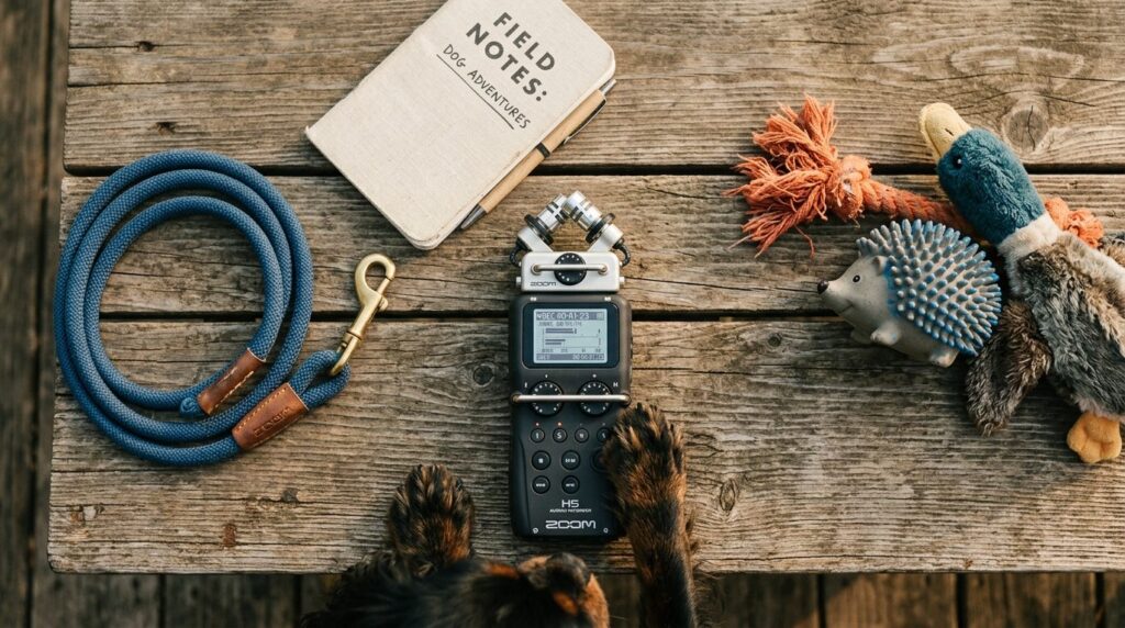 Overhead flat lay composition of a portable audio recorder p