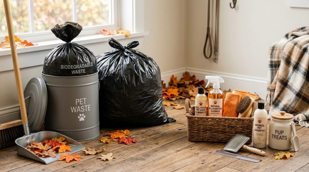 Close-up lifestyle shot of organized pet waste disposal with