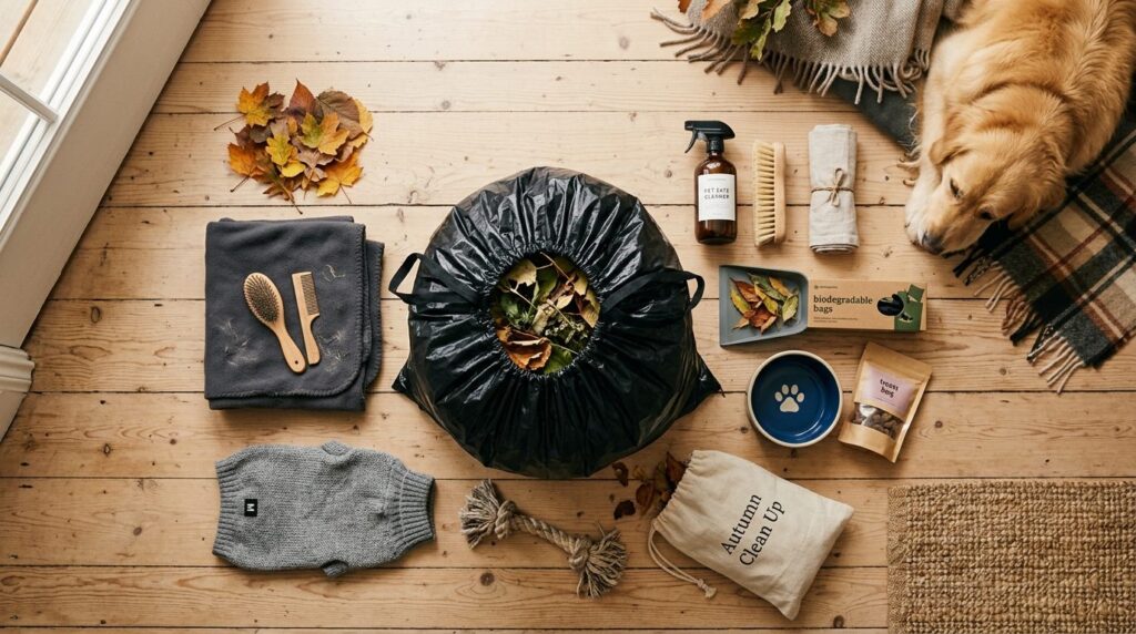 Overhead flat lay composition of autumn pet care cleanup sce