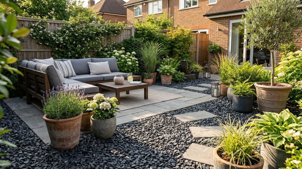 Realistic outdoor patio scene featuring freshly laid black g