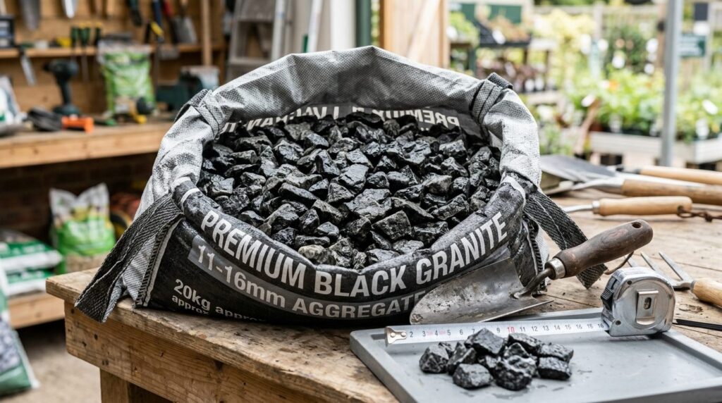 Close-up product shot of premium black granite chips 11-16mm