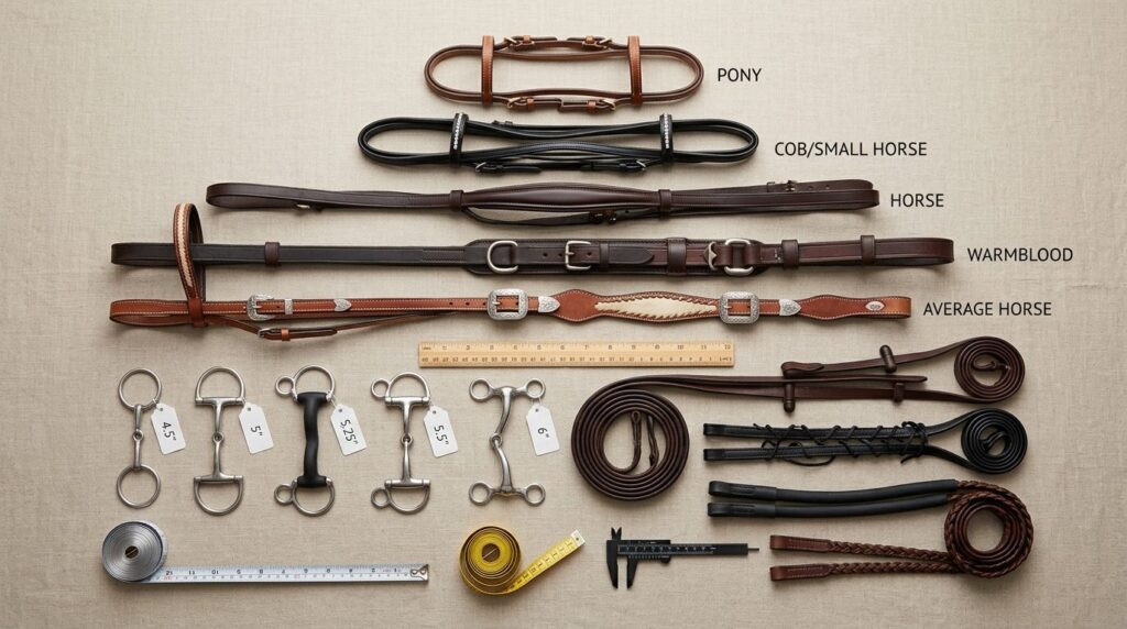 Flat lay overhead view of various horse equipment sizes and