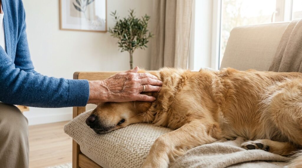 Close-up realistic image of elderly hands petting a comforta