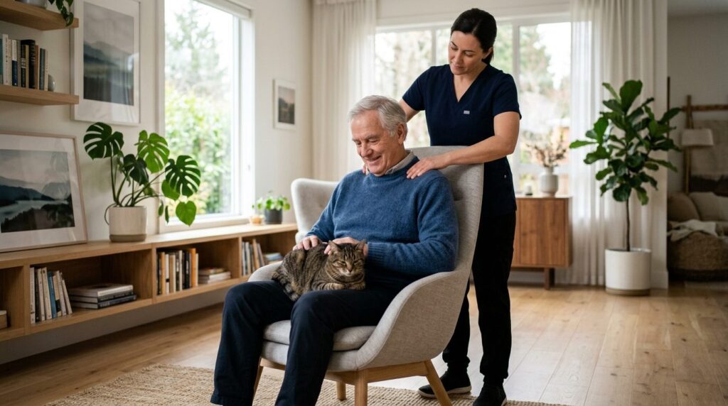 Senior man sitting in ergonomic armchair with his cat in his