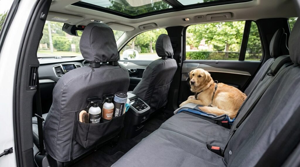 Well-organized car cabin interior with protective seat cover
