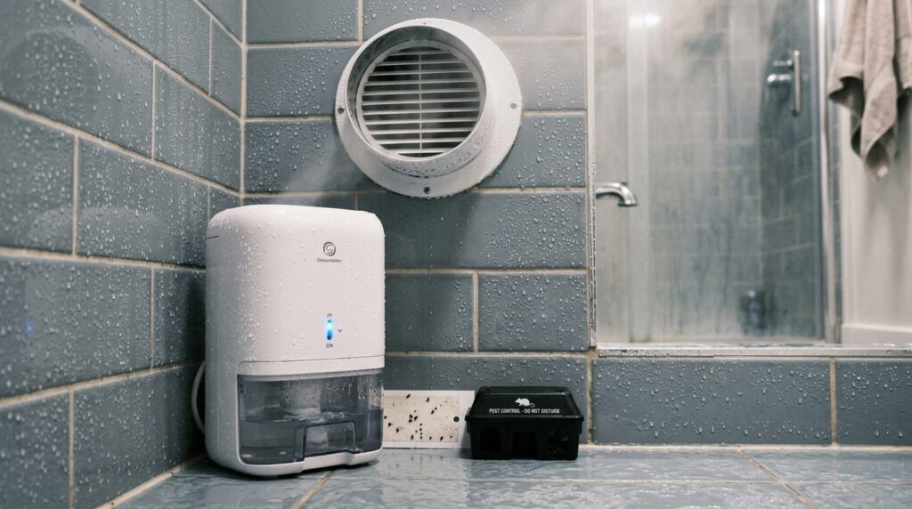 Detailed macro photography of bathroom moisture control: deh