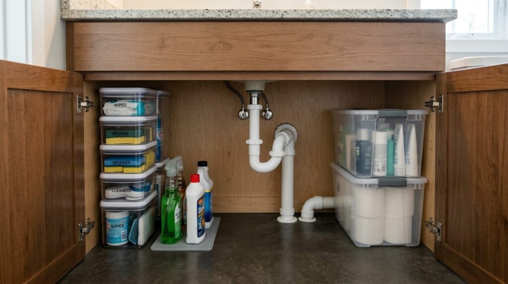 Professional bathroom maintenance photo showing organized un