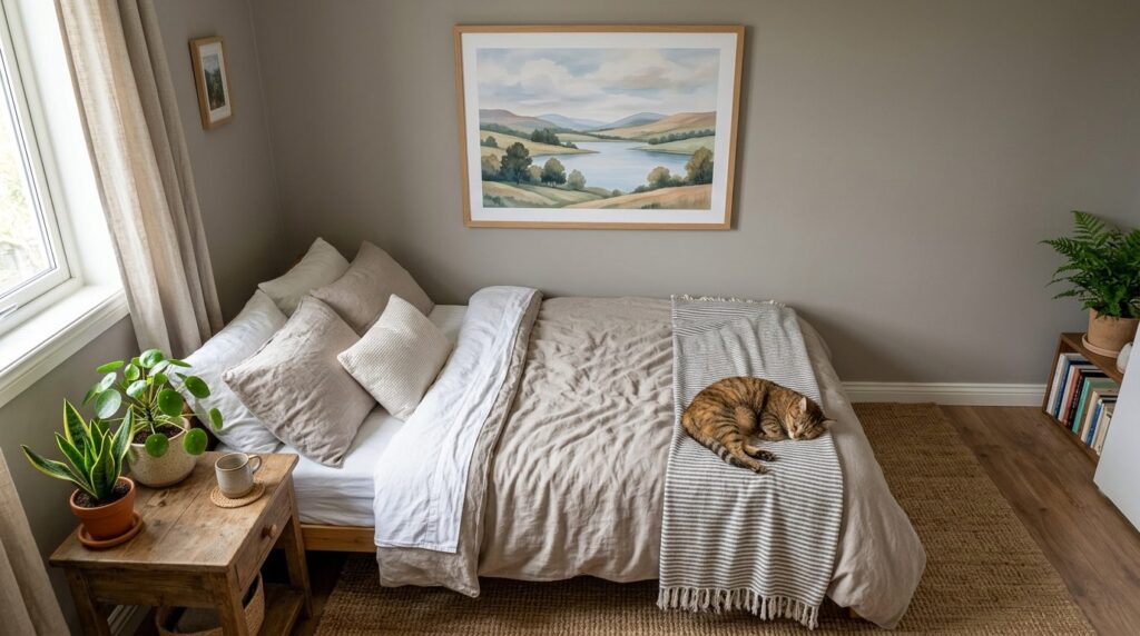 Realistic overhead view of a small cozy bedroom with a 50x70