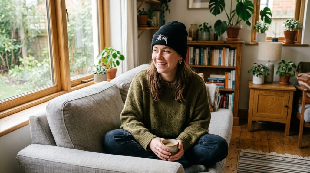Candid lifestyle portrait, young woman wearing a black Stuss