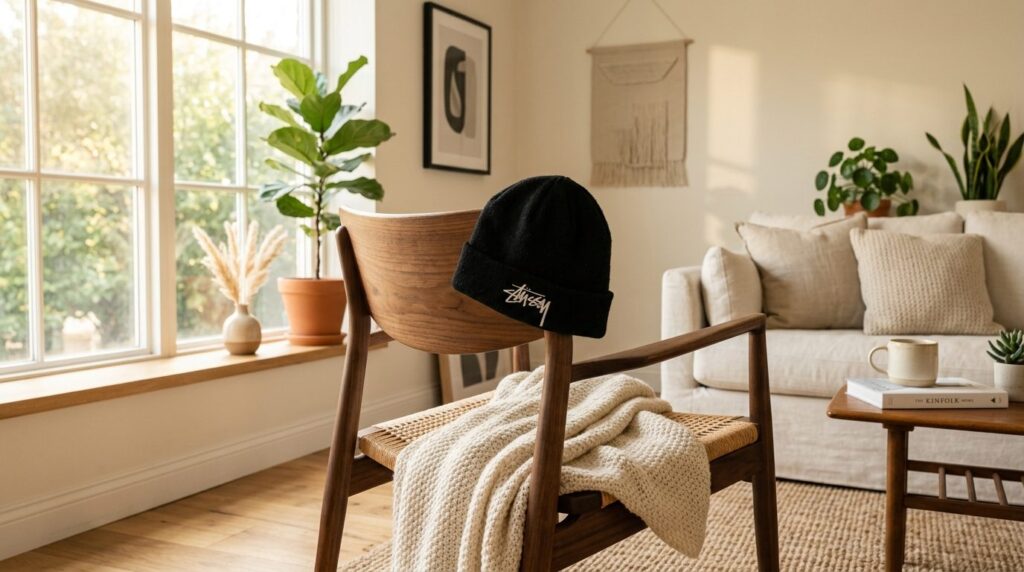 Styled home interior scene, black Stussy beanie draped on a