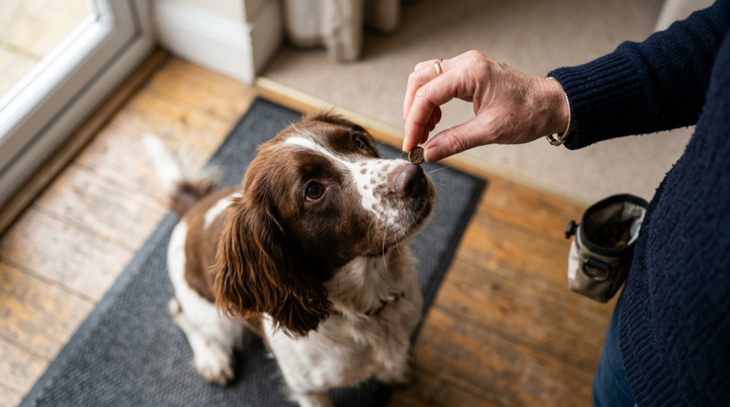 Close-up overhead shot of a dog owners hand offering a smal