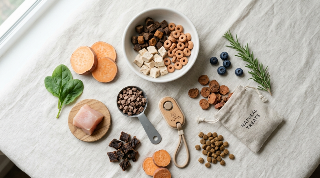 Flat lay composition of different types of natural dog train