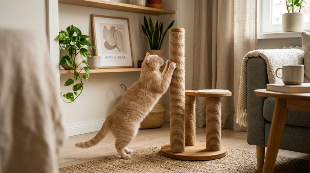 Close-up lifestyle shot of a compact cat scratching post in 
