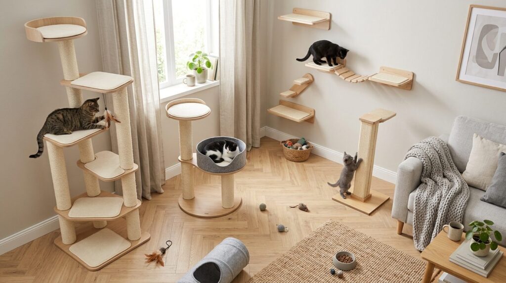 Flat-lay styled apartment setting showing multiple compact s