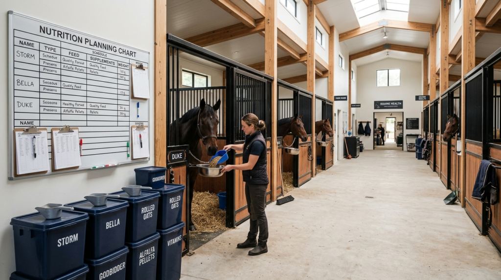 Wide shot of a well-organized modern horse stable interior w